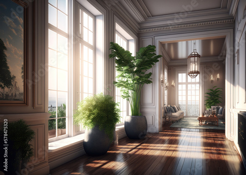 Modern Coastal Colonial Architecture: A Study in Natural Light and Uplighting. Generative Ai