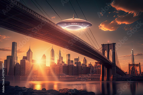 UFO flying over New York City Brooklyn Bridge at sunset. Surveillance concept - Generative AI photo