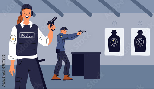 Police officers train at range. People shoot guns. Man and woman in patrol uniform. Professional security service. Cops aiming at targets. Policeman with pistols. Garish vector concept