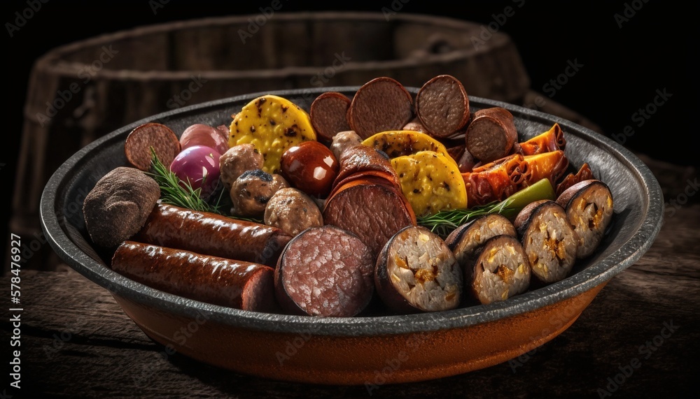 a bowl of sausages and other meats on a wooden table next to a barrel of wine and a barrel of wine in the background. generative ai a bowl of sausages and other meats on a wooden table next to a barrel of wine and a barrel of wine in the background. generative ai