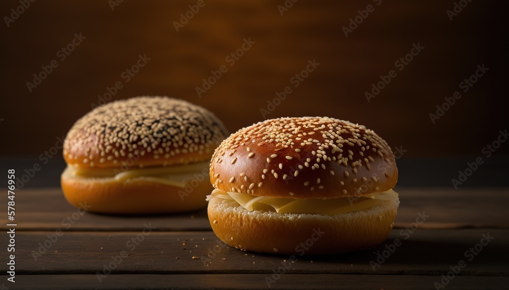  a close up of two sandwiches on a wooden table with sesame seeds on top of the buns and sesame seeds on the top of the buns.  generative ai