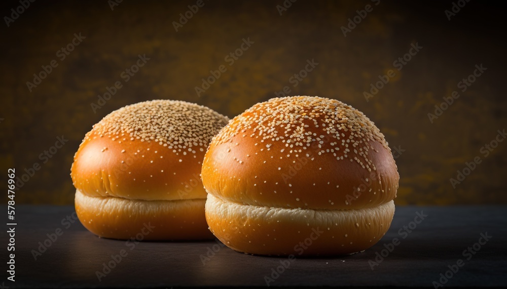 two buns with sesame seeds on them sitting on a counter top next to each other on a black surface with a yellow background behind them. generative ai two buns with sesame seeds on them sitting on a counter top next to each other on a black surface with a yellow background behind them. generative ai