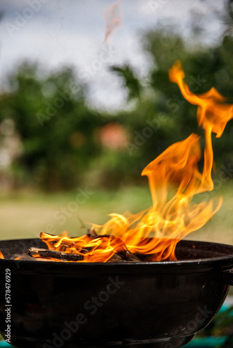 Fire flame texture on barbecue and behind green blurred background
