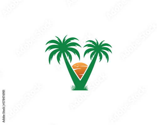 Letter V with coconut and palm tree  logo design. Sun  summer and beach tree unique vector illustration.