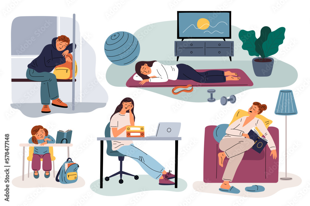 Tired people. Overworked employees. Parents and children. Narcolepsy or sleepiness. Suddenly asleep characters. Fatigue and drowsiness. Persons sleeping at table. Garish vector set