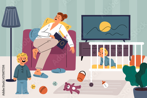 Tired sleeping mother. Overworked mom. Awake children. Crying toddlers. Scattered kids toys. Accumulated fatigue. Exhausted woman napping in armchair. Messy room. Garish vector concept