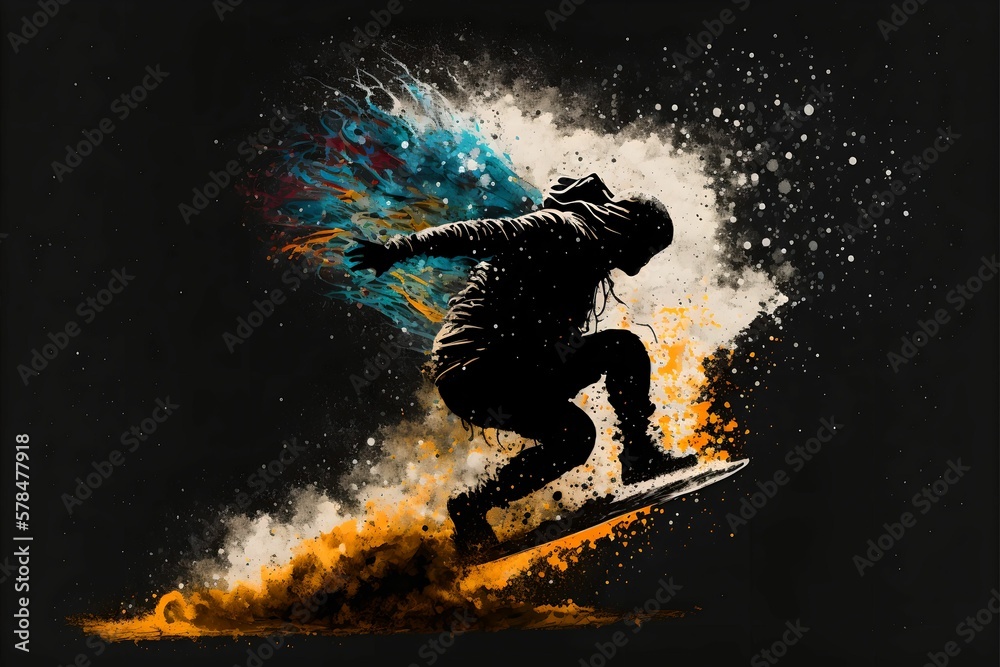 Jumping snowboarder, painting splash, Generative AI