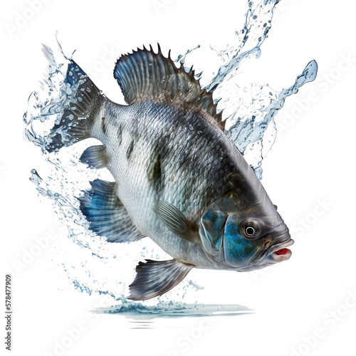 an illustration of a jumping tilapia fish with water splashes on transparent background