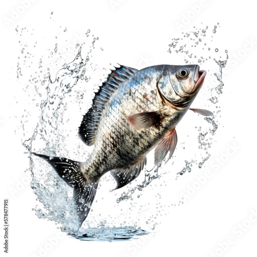 an illustration of a jumping tilapia fish with water splashes on transparent background