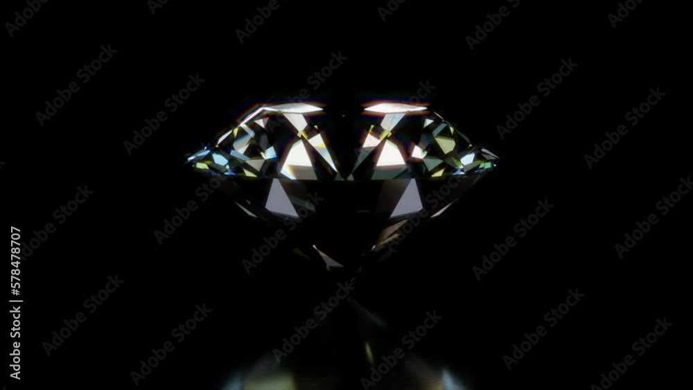 Diamond rotating 360 seamless loop. Isolated crystal diamond refracting rainbow caustic reflection light.
