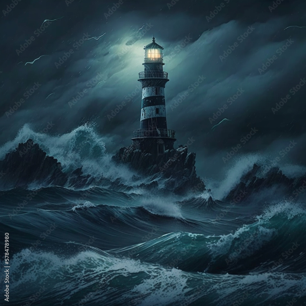 A lighthouse is shining brightly against the backdrop of a dark blue turbulent sea. AI