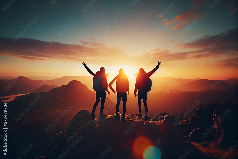 Fototapeta premium three friends celebrating success on top of a mountain.generative ai