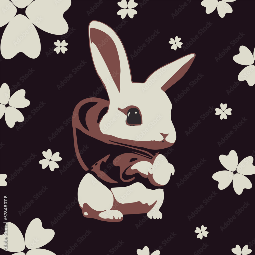 Obraz premium Cute little rabbit with easter egg on black background with white flower. Holiday modern poster. Vector illustration.
