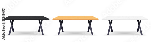 Empty wooden table set. Rectangular shaped wood tables with shadow. Black, brown, white timber collection. Template design for presentation, living or dining rooms, kitchen. Vector illustration
