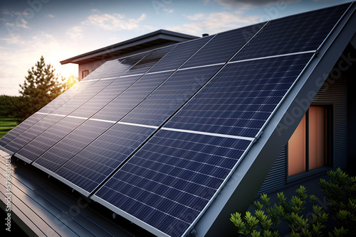 A solar panels cells system on the rooftop of rustic house. Concept of sustainable electricity without harming the environment. Generative AI