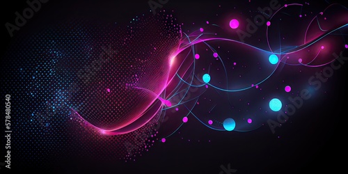 Abstract dot point connect with gradient line, neon blue and pink colors on a dark background, technology banner, big data, network, cloud, computing - generative ai