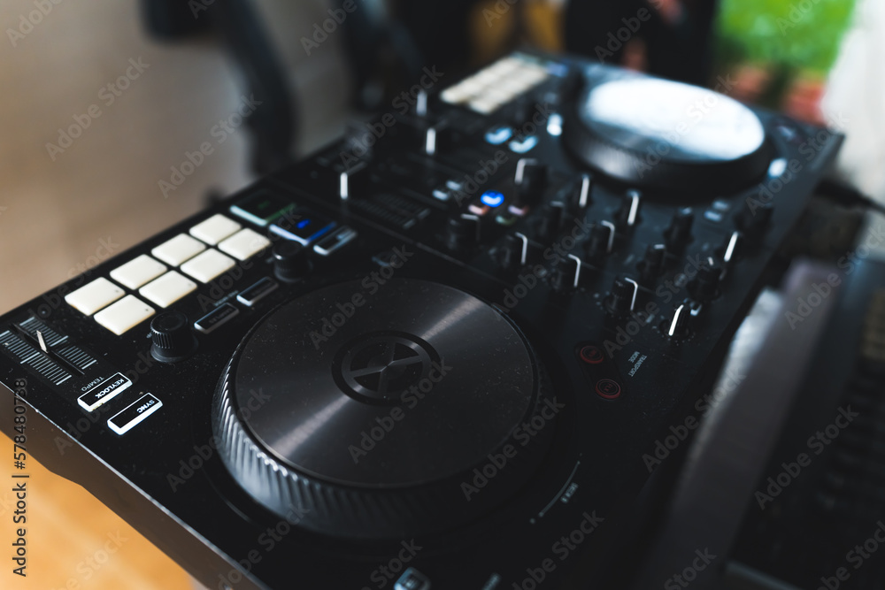 closeup shot of a black modern electronic sound device, music and home studio concept. High quality photo closeup shot of a black modern electronic sound device, music and home studio concept. High quality photo