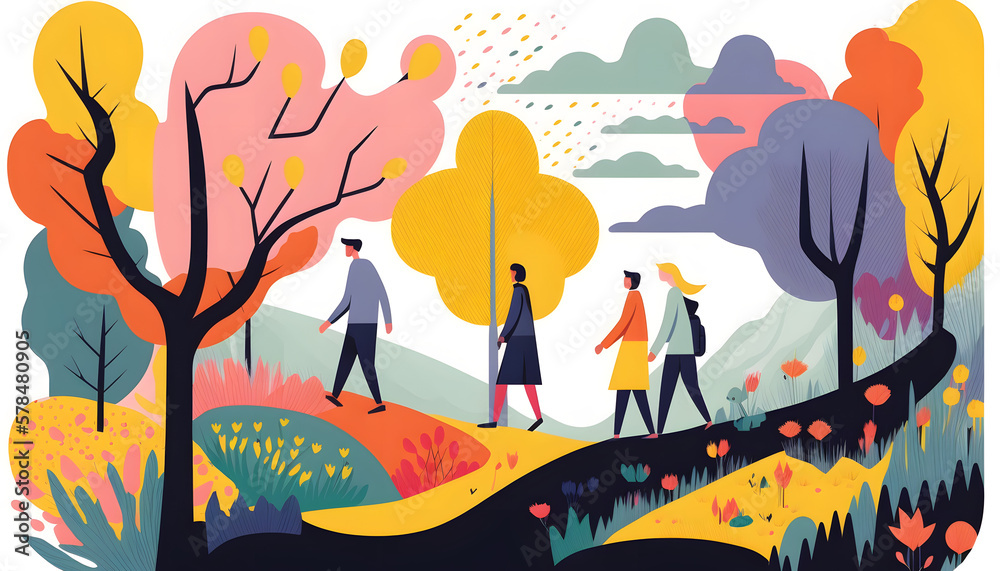 Colorful spring landscape with happy people, illustration. Generative AI