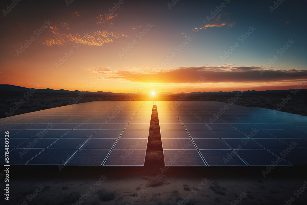 Landscape of hundreds solar panels power plant on sun rise