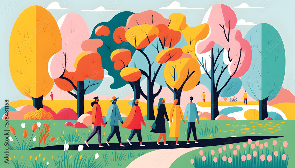 Spring landscape with happy people, illustration. Generative AI