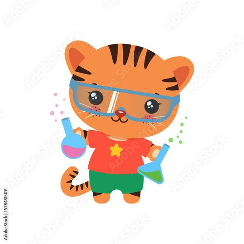 School student animal tiger. Science school subject vector. Little tiger holding test bottles. Elementary education cartoon tiger kid. Educational clipart. Little genius  scientist.