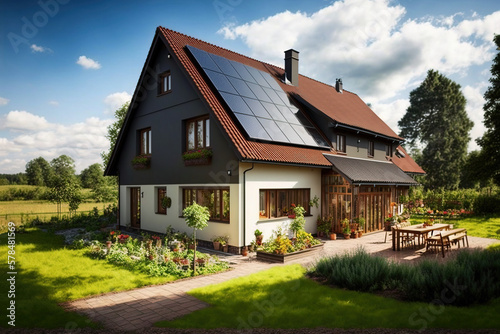 Country house with photovoltaic solar panels on rooftop, harnessing the power of the sun to provide clean energy. Generative AI