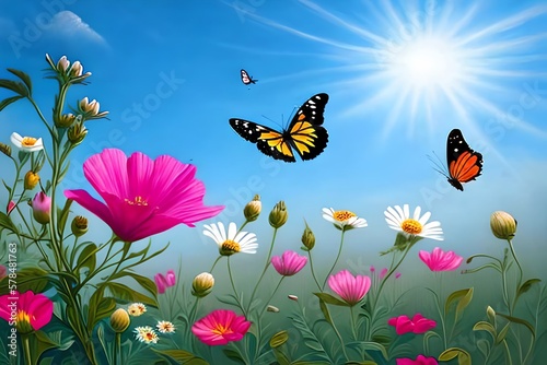 A Painting Of Flowers With A Sky Background Behind Them And A Butterfly Flying Over Them  With A Pink And White Flower In The Foreground. Generative AI