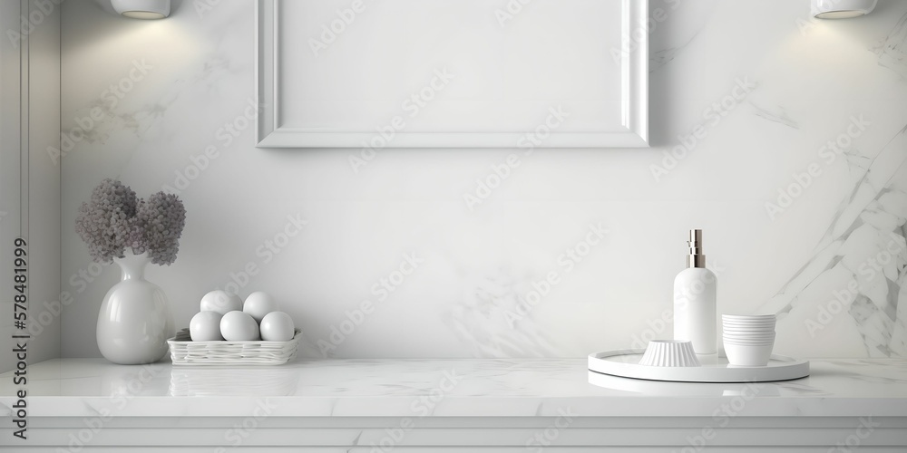 White bathroom interior. Empty marble table top, Generative AI White bathroom interior. Empty marble table top, Generative AI