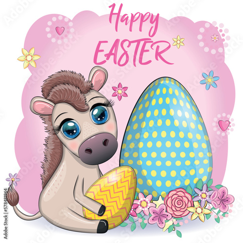 Cute donkey with an easter egg. Easter character and postcard