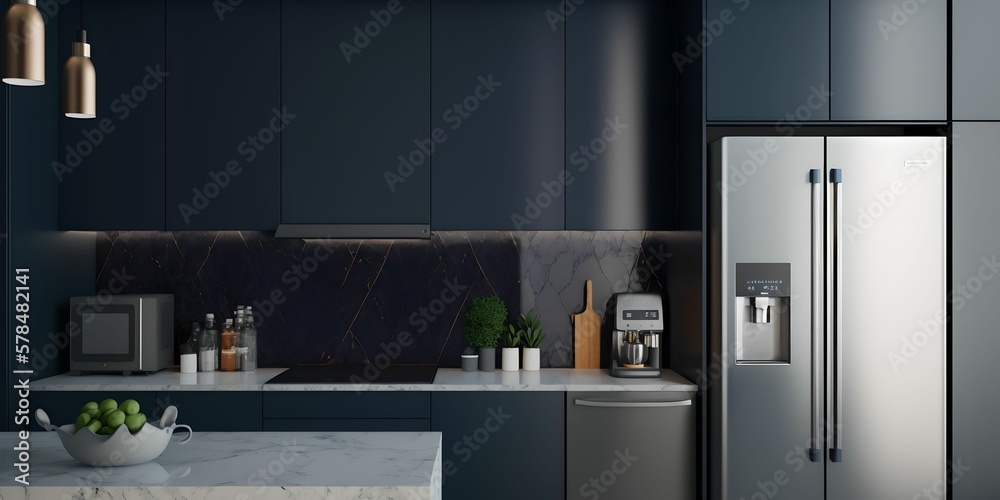 Modern minimalist kitchen with stainless steel appliances, Generative AI Modern minimalist kitchen with stainless steel appliances, Generative AI
