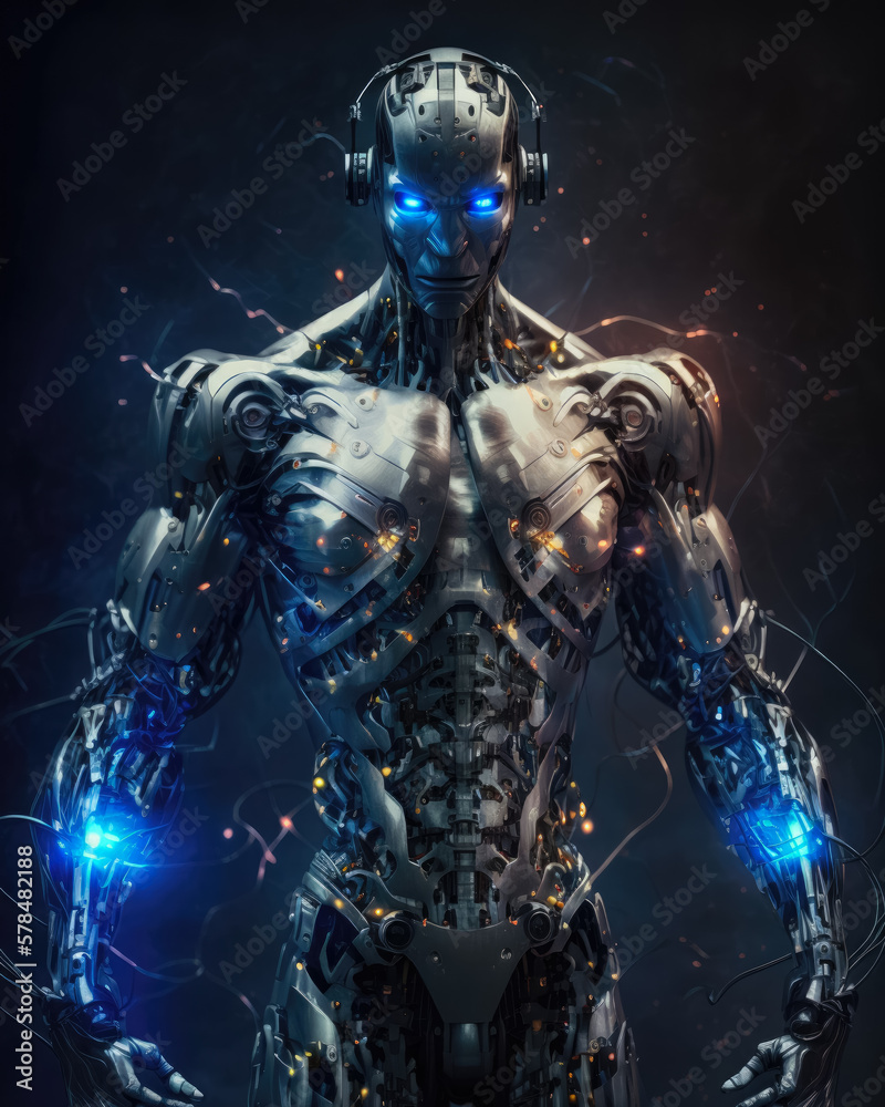 A humanoid robot with a metallic silver body. Generative AI.