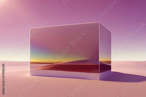 Abstract Pastel Pink Creative Concept In The Desert On The Hot Sand  Seashore Big Glass white Cube Shaped Stand  Young Man Enjoying On The Beach. Illustration. Generative AI