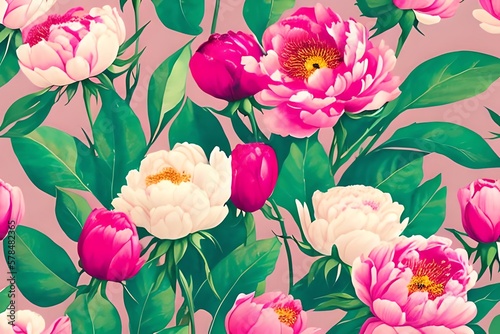 Fototapeta Naklejka Na Ścianę i Meble -  Abstract Watercolor Flowers On A Light Pink Background, Peonies, Roses, Green Leaves, Natural Floral Pattern In Vintage Style, Asian Theme. Generative AI