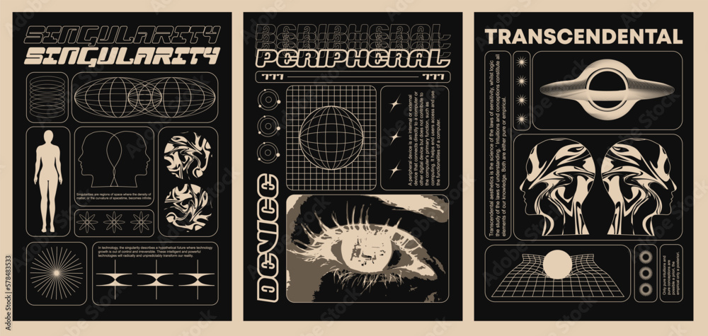 Fototapeta premium Collection of modern trendy techno prints. In Techno style, print for Posters Template, flyers, clothes, social media, streetwear, for t-shirts, hoodies, and sweatshirts. Isolated on black background