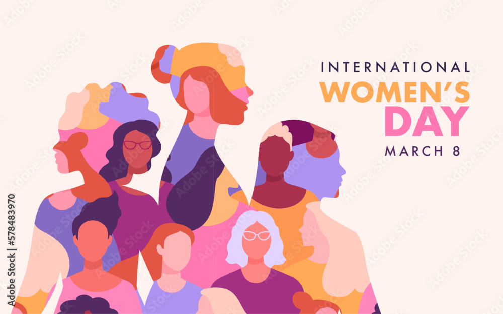 International Women's Day banner concept. Vector flat modern illustration of three female silhouettes of different nationalities, consisting of a pattern of abstract diverse female portraits - obrazy, fototapety, plakaty 