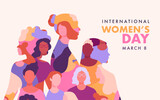 International Women's Day banner concept. Vector flat modern illustration of three female silhouettes of different nationalities, consisting of a pattern of abstract diverse female portraits
