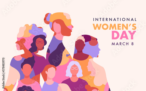 International Women's Day banner concept. Vector flat modern illustration of three female silhouettes of different nationalities, consisting of a pattern of abstract diverse female portraits