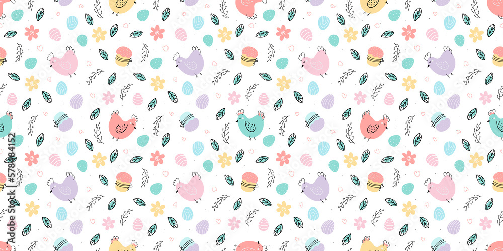 Easter seamless pattern. Background with Chicken , Easter eggs, willow