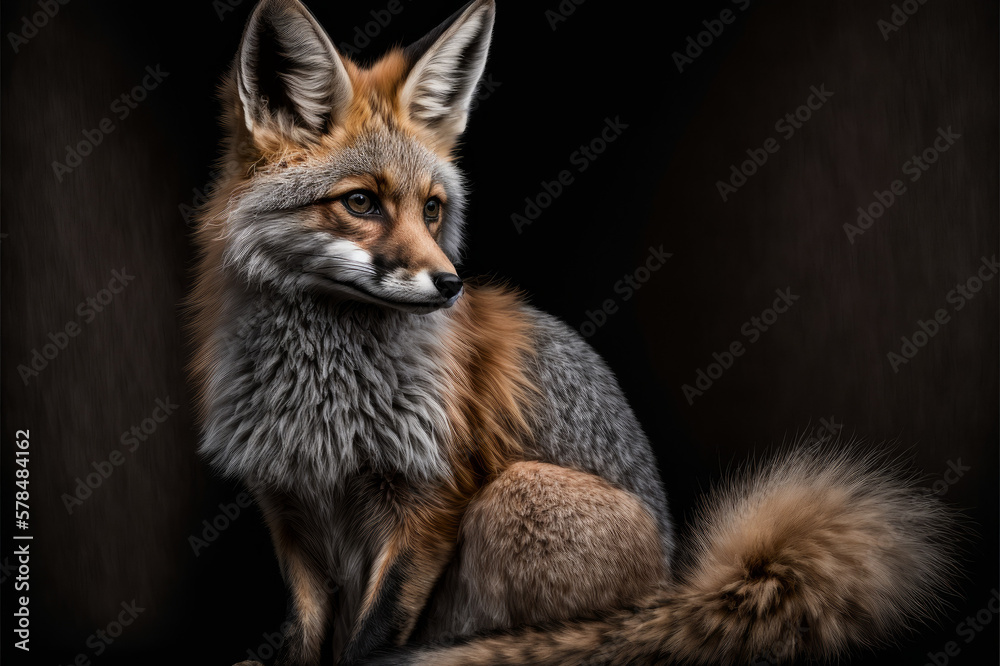 Red Fox in Beautiful Soft Light Against Black Background, AI Generative