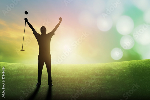 Silhouette golfer showing happiness when win in game white golf ball on green grass Generative AI