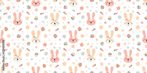 Easter festive seamless pattern with rabbits, cakes, eggs, willow