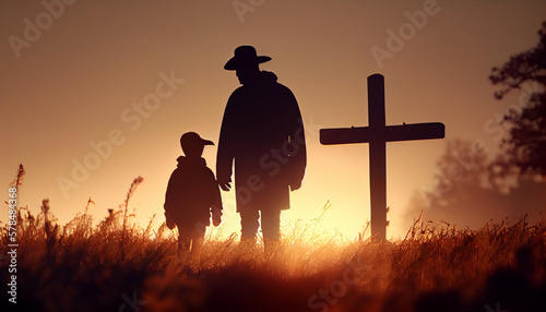 Father and son stand at the Christian cross. Generative AI