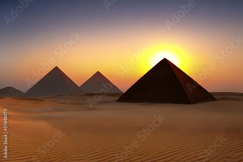 Egyptian Pyramids In Desert With Evening Sunset. Generative AI © Pixel Matrix