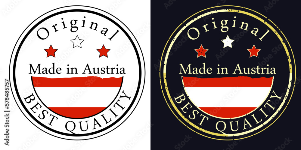 Obraz premium Round labels with flag, original best quality. Vector illustration of Austria flag.
