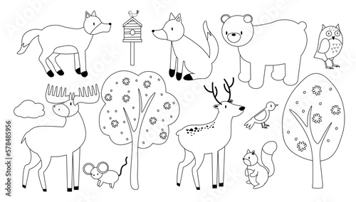 Vector line set of Forest Animals. Woodland Animal outline for coloring including moose, bear, deer, fox, rabbit, squirrel, owl, bird. EPS