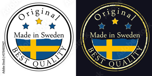 Round labels with flag, original best quality. Vector illustration of Sweden flag.