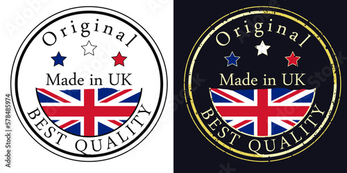 Round labels with flag, original best quality. Vector illustration of United Kingdom flag.