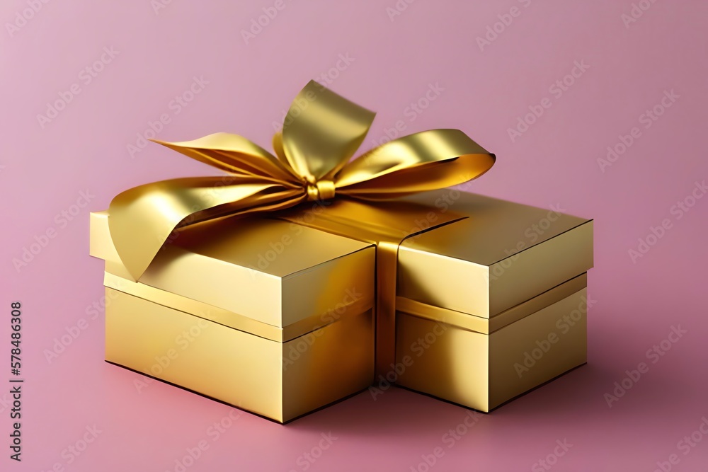 Happy ValentineS Day Surprise Box With Golden Bow Ribbon On Pastel Background. ValentineS Day Design. Generative AI Happy ValentineS Day Surprise Box With Golden Bow Ribbon On Pastel Background. ValentineS Day Design. Generative AI