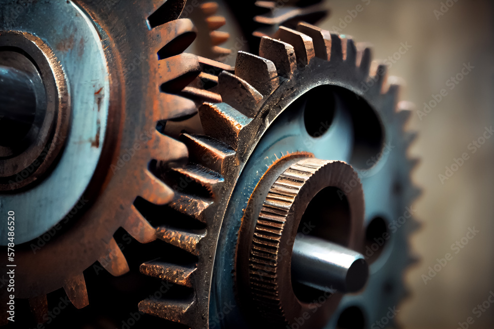 A computer-generated image of retro metallic gears with texture. Humanly enhanced AI Generated image. A computer-generated image of retro metallic gears with texture. Humanly enhanced AI Generated image.