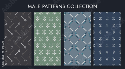Set of Male Patterns. Weapon patterns - spears, daggers and arrows. Symmetrical, strict and calm images. Simple prints for menswear. Wrapping paper. Dark colors. Vector illustration.